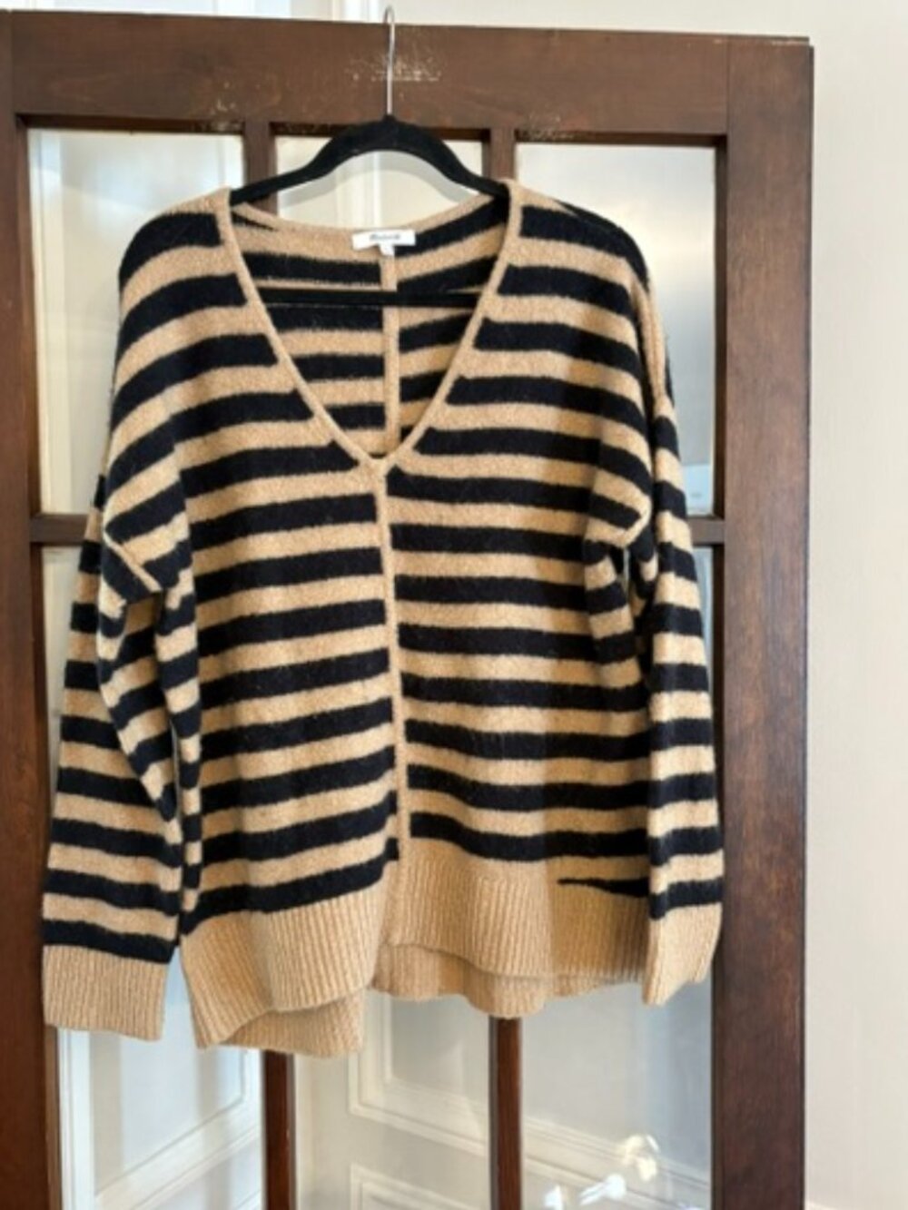 Madewell Navy and Camel Striped V-Neck Sweater, Size Large